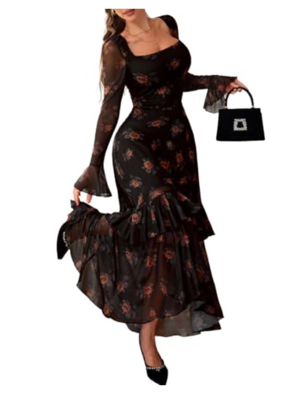 Gothic Vintage Rose Floral Mesh Maxi Dress Square Neck Bell Sleeve Ruffle